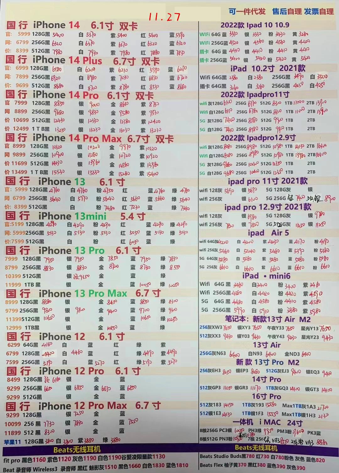 2022年11月27日华强北手机批发报价单